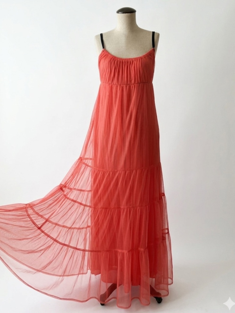 Maeve Anthropologie Coral tulle Maxi Dress with Spaghetti Straps Small